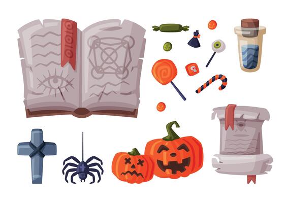 Halloween Symbols Collection, Holiday Party Design Elements, Skeleton, Pumpkin, Magic Book, Cross, Paper Scroll Cartoon Style Illustration