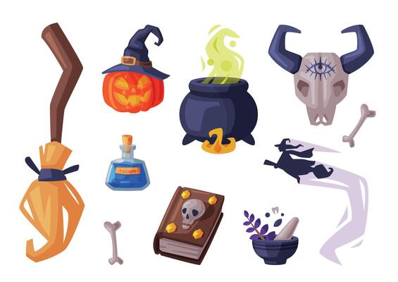 Halloween Symbols Collection, Holiday Party Design Elements, Broom, Pumpkin, Witch Cauldron, Buffalo Skull, Magic Book Cartoon Style Illustration
