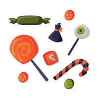 Candies and Sweets Set, Happy Halloween Objects Cartoon Style Illustration on White Background vector