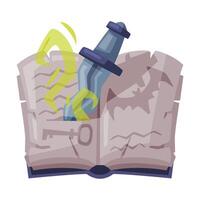 Opened Magic Book with Dagger, Witchcraft Attribute, Happy Halloween Object Cartoon Style Illustration Isolated on White Background vector