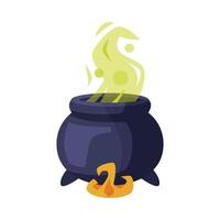 Witch Cauldron with Boiling Green Potion, Happy Halloween Object Cartoon Style Illustration on White Background vector