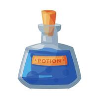 Potion Bottle, Glass Transparent Flask with Blue Liquid, Witchcraft Attribute, Happy Halloween Object Cartoon Style Illustration vector