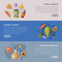 Natural Vitamin Complex, Polyunsaturated Fat Landing Page Templates Set, Proper Nutrition, Supplements, Products with Health Benefits Cartoon Style Illustration vector
