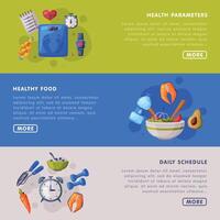 Health Parameters, Daily Schedule Landing Page Templates Set, Proper Nutrition Food, Healthy Lifestyle Concept Cartoon Style Illustration vector