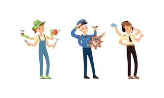 Multitasking People Collection, Captain, Air Traffic Controller, Gardener Characters with Many Hands Cartoon Style Illustration vector