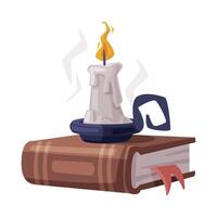 Witch Spell Book and Burning Candle in Candlestick, Witchcraft Attribute, Happy Halloween Object Cartoon Style Illustration vector