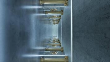 Moving in a concret hallway with golden columns and photo frame in the end video