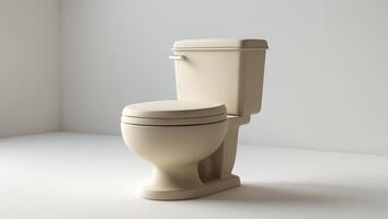 A clean, sand-colored ceramic toilet sits against a simple, minimalist bathroom corner. photo