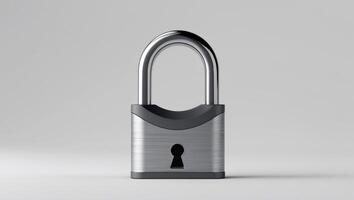 A sleek, modern padlock with a silver finish sits centered on a clean white background. photo
