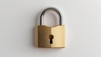 A golden metallic padlock with a silver shackle sits on a plain white surface. photo