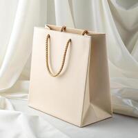 Elegant beige paper shopping bag presented against soft, flowing, white fabric backdrop. photo