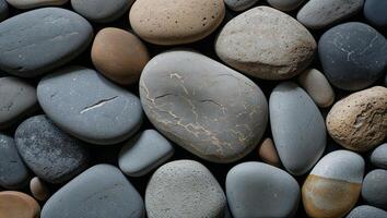 Overhead view captures smooth river stones, showcasing abstract textures and earthy tones. photo