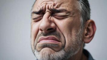 Close-up shows a man with furrowed brows and squinting eyes expressing disgust. photo