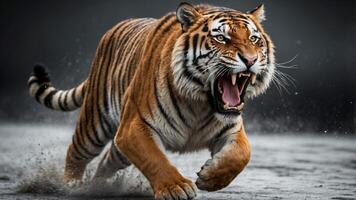 A powerful tiger charges forward with an open mouth, conveying strength and aggression. photo