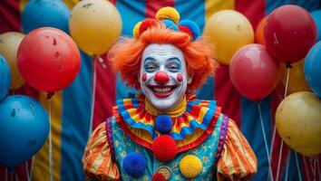 A cheerful clown with a painted face smiles brightly amid colorful balloons. photo