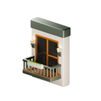3d balcony illustration. Balcony with lanterns, large window and plants on railing. Concept for real estate. 3d render on isolated background. png