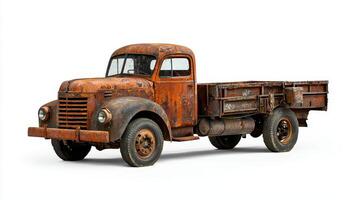 An old rusted truck is shown on a white background photo