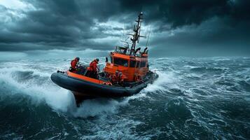 A boat in the ocean with storm clouds photo