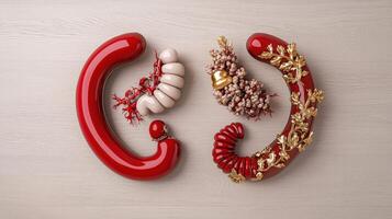 A pair of red and gold balloons with different types of food photo