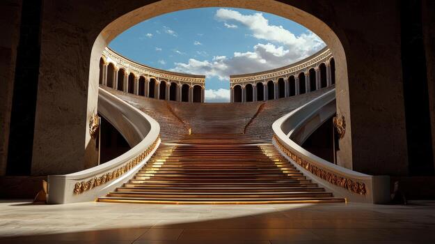 A large staircase with a golden door and a sky photo