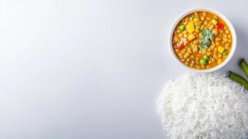 Indian food curry with rice and vegetables on white background photo