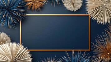 Gold frame on blue background with fireworks photo