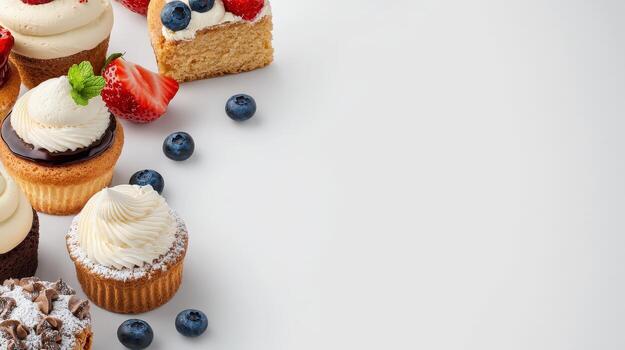 A group of cupcakes with frosting and berries photo