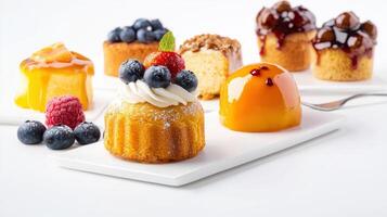 A variety of desserts on a white plate photo