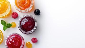 Fruit jam in jars on white background photo