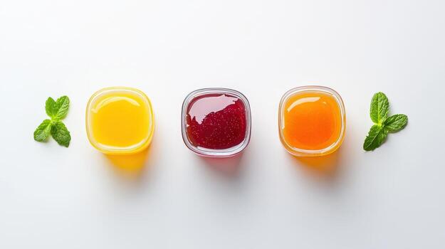Three different types of fruit juices in small cups photo