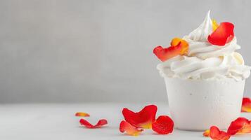 A cup of whipped cream with red petals photo