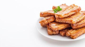 A plate of fried pork on a white background photo