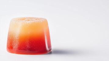 A red and orange ice cube sitting on top of a white surface photo