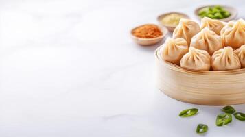 Chinese dumplings in bamboo container on white background photo