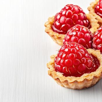 A close up of raspberry tarts on a white surface photo