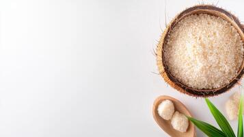 Coconut rice and green leaves on white background photo