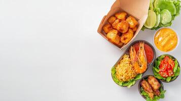 A variety of food in a box on a white surface photo