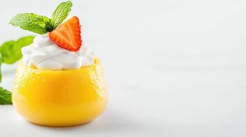 A dessert with whipped cream and strawberries photo