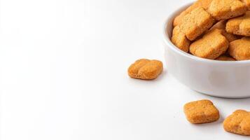 A bowl of dog biscuits on a white surface photo