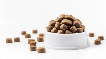 A bowl full of dog food on a white background photo
