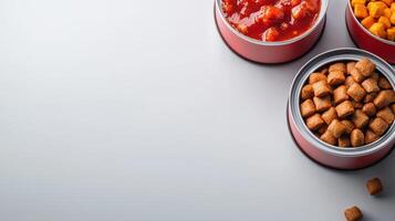Three cans of food with a spoon in the middle photo