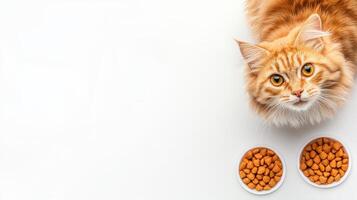 A cat is sitting on a white surface with food bowls photo