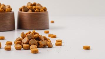 Two wooden bowls filled with dog food photo