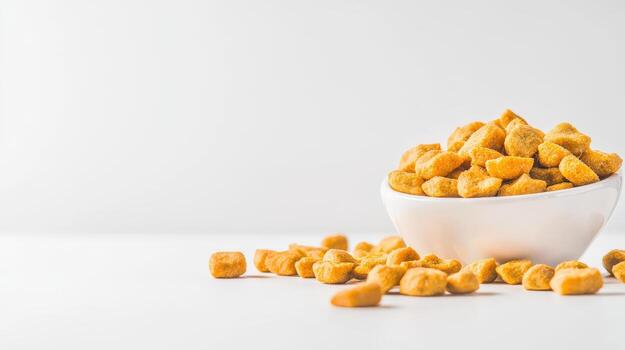 A bowl of popcorn is shown on a white surface photo
