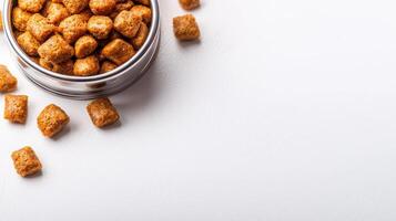 A can of dog food is on a white surface photo