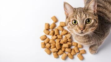 A cat is standing next to a bowl of food photo