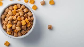 A bowl of dog food is shown on a white surface photo
