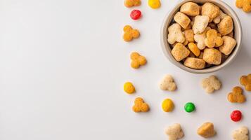 A bowl of cereal with colorful candies scattered around it photo
