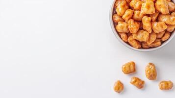 A bowl filled with popcorn and nuts on a white surface photo