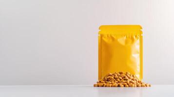 A yellow bag of peanuts is sitting on top of a white table photo